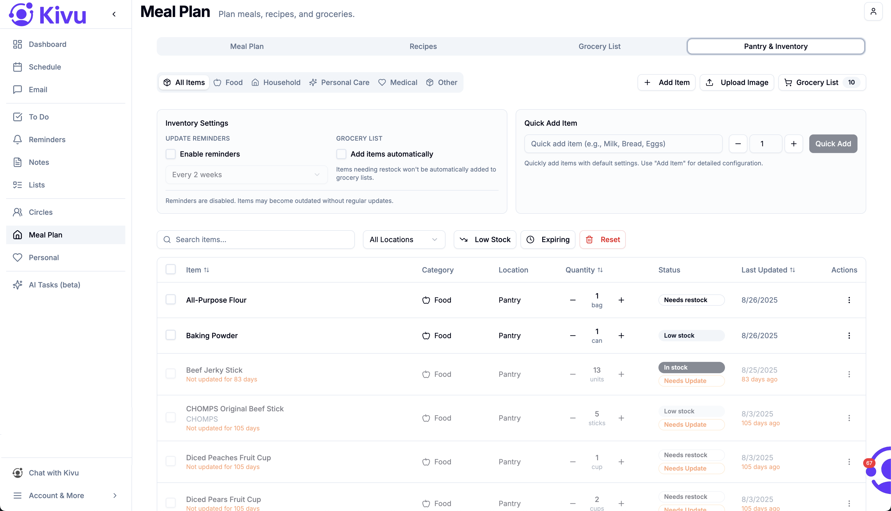 Pantry inventory showing items with quantities and expiration dates